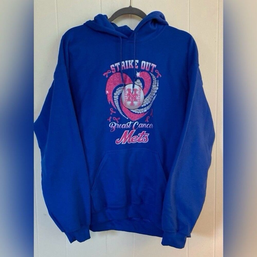 Gildan Sweatshirt Hoodie Women’s Large Blue Mets Strike Out Breast Cancer Sports